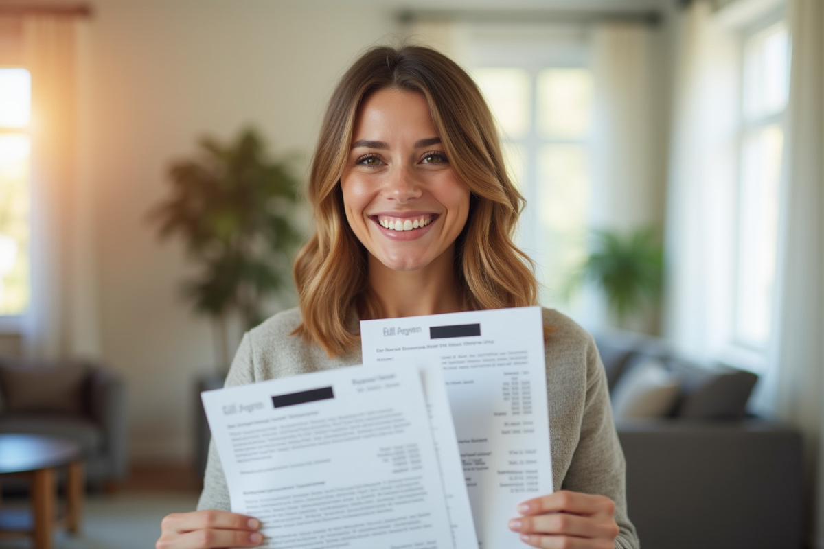 Homme souriant tenant ses papiers dans un salon lumineux