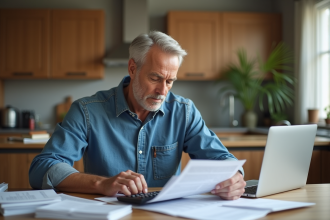 Homme d'âge moyen examinant documents d'impôts à la maison