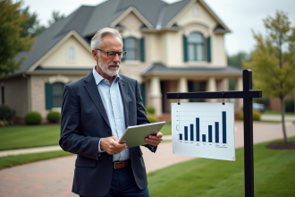 Homme d'âge moyen devant une maison en vente avec tablette