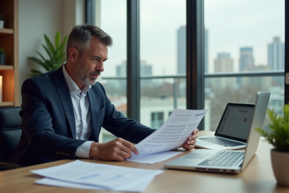 Homme d'âge moyen en costume bleu lisant des documents immobiliers