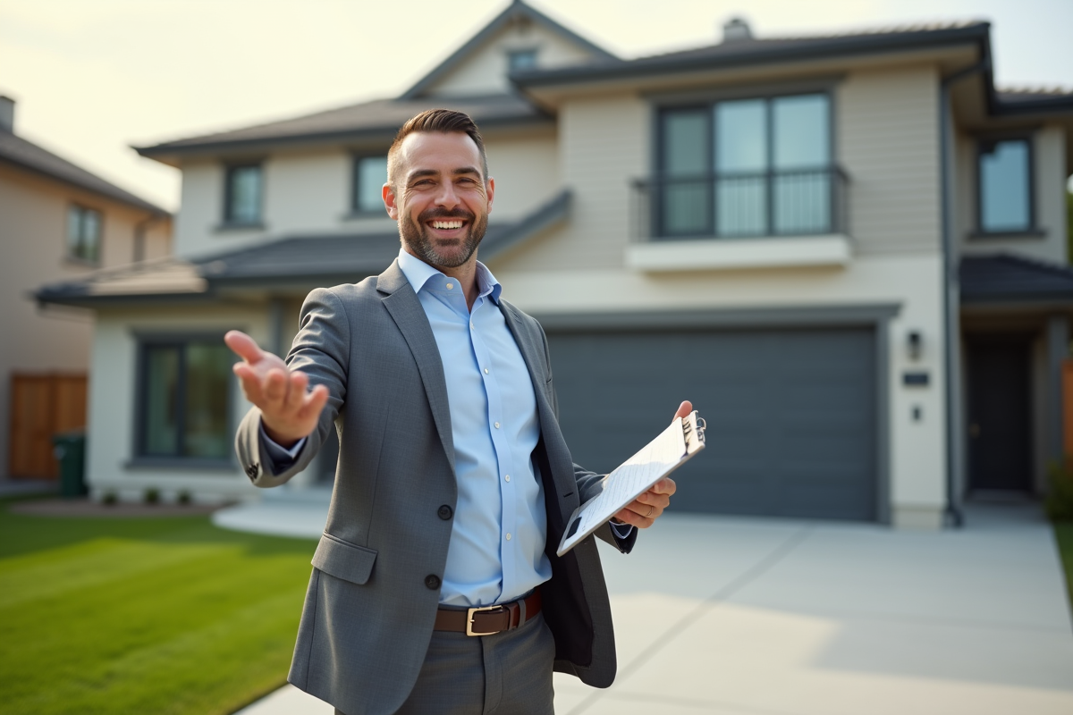 Homme en costume devant maison en extérieur