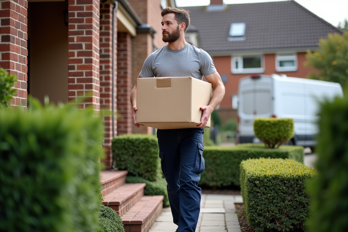 Homme en mouvement portant une boîte devant une maison en briques