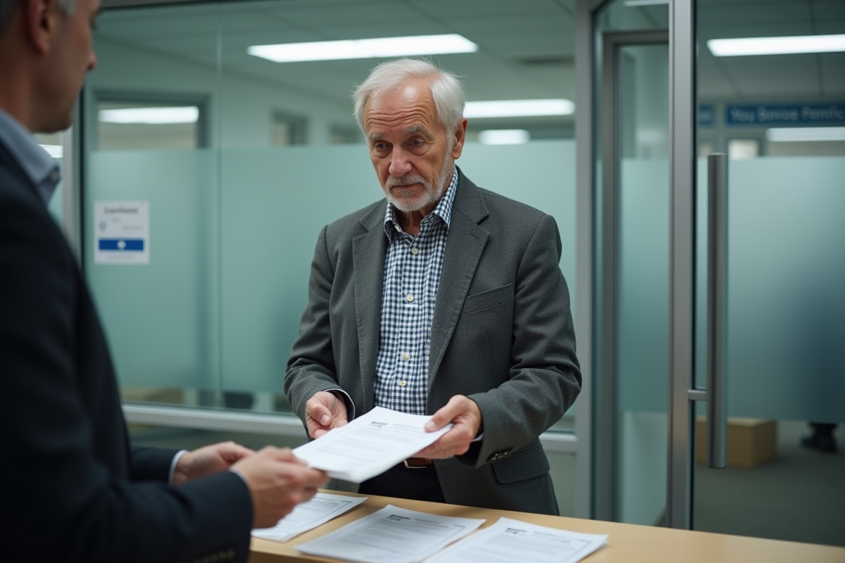 Homme d age remet dossier à un officiel dans un bureau