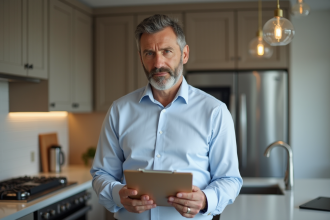 Homme d'affaires examinant plans dans cuisine rénovée