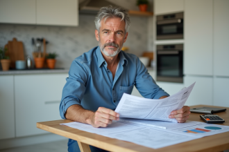 Homme d'âge moyen examinant des plans de rénovation dans une cuisine moderne