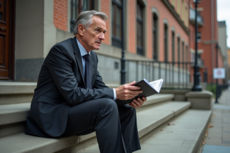 Homme d'âge moyen assis sur un escalier urbain avec dossier