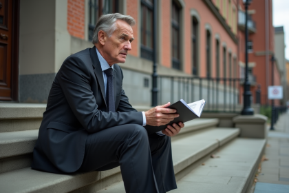 Homme d'âge moyen assis sur un escalier urbain avec dossier