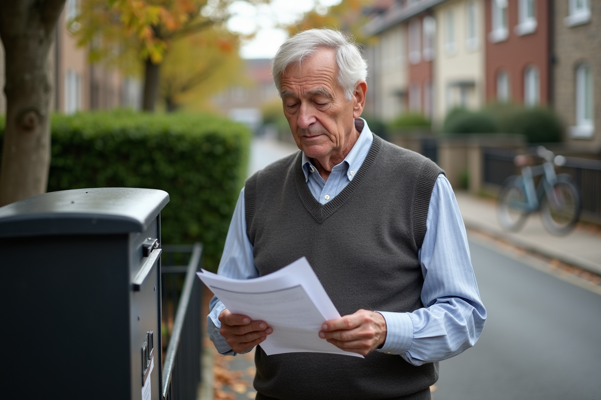 Homme âgé vérifiant une lettre fiscale dans la rue