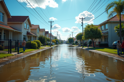 Rue inondée avec voisins inquiets et secours en action