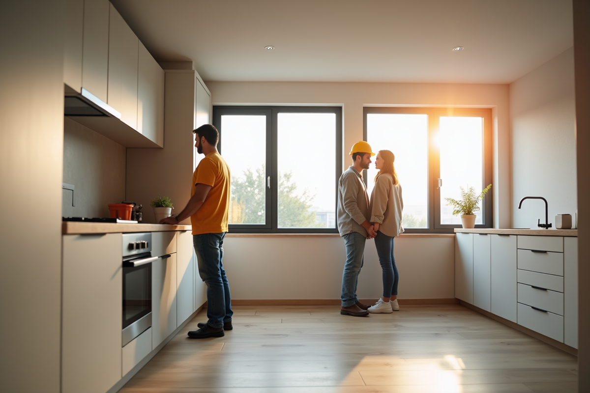 Couple inspectant des armoires modernes dans un appartement lumineux