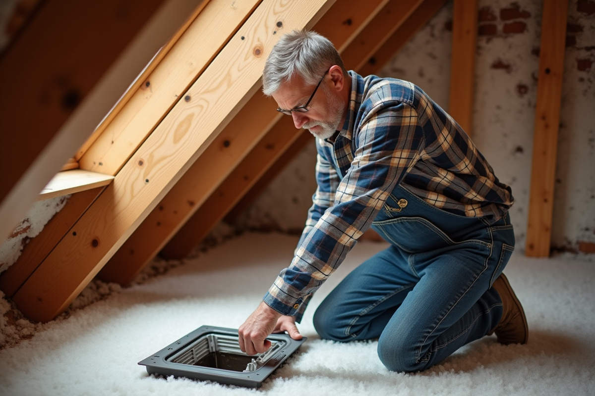 Homme en travail dans un grenier installant un ventilo