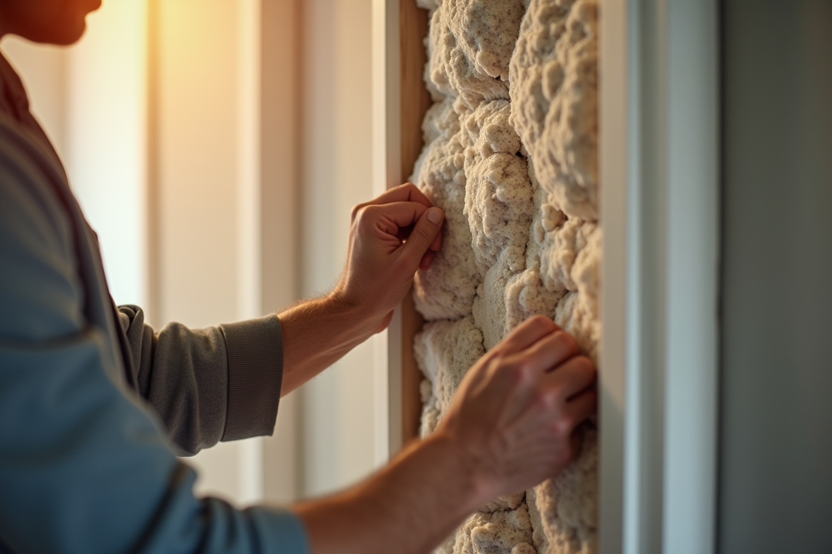 Main d’un entrepreneur installant l’isolation dans un mur intérieur