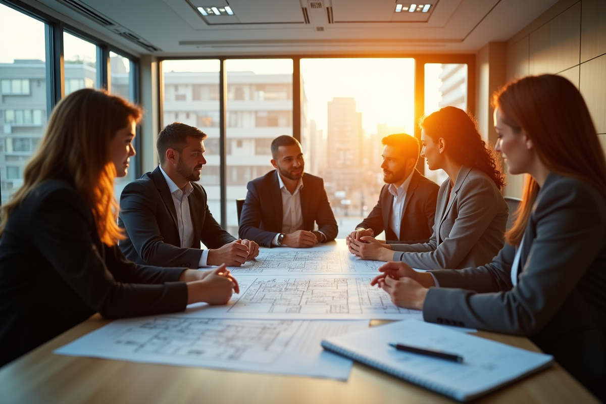 Intérieur moderne d'un bureau immobilier avec agents discutant