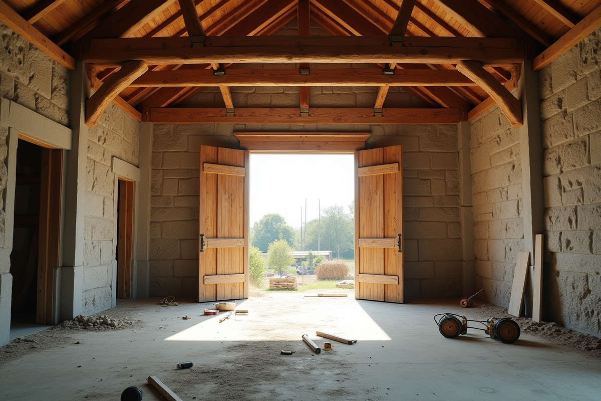 Intérieur d'une ancienne écurie en rénovation avec poutres en bois et outils