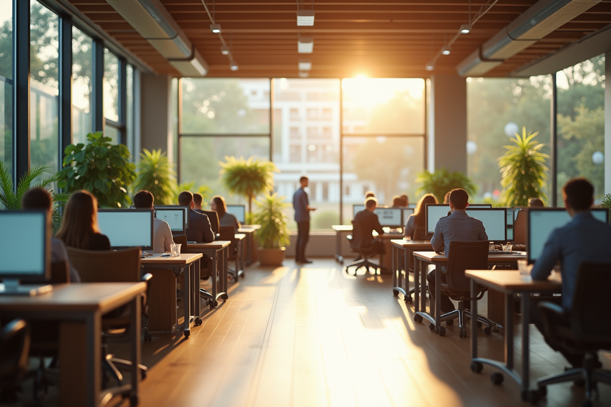 Intérieur de bureau avec bois naturel et plantes d