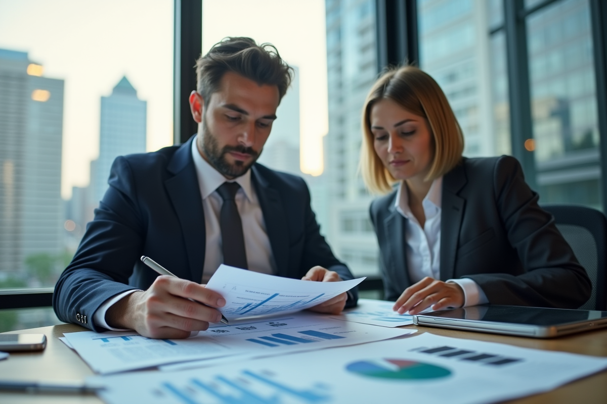 Professionnel examinant des documents immobiliers avec graphique financier dans un bureau urbain