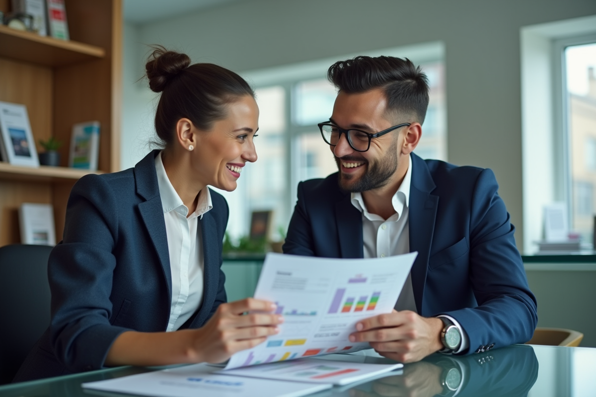 Jeune professionnel parlant avec conseiller bancaire devant un graphique de prêt
