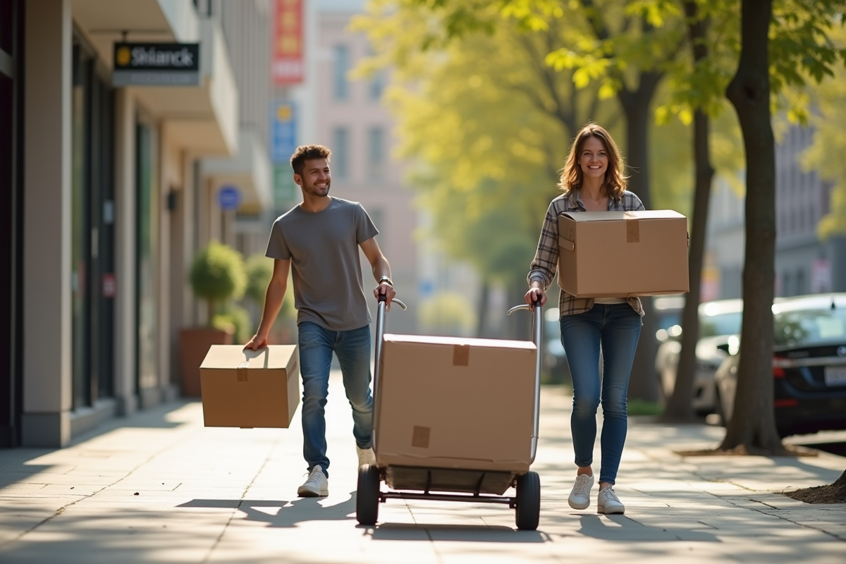 Jeune couple transportant des cartons avec chariot dans la ville