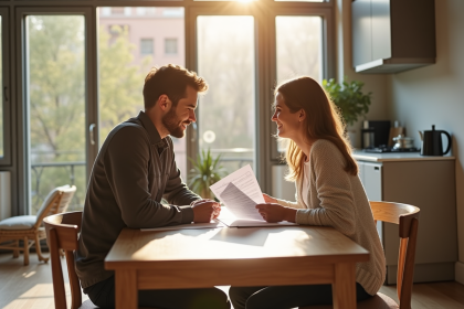 Jeune couple discutant de documents immobiliers dans une cuisine lumineuse