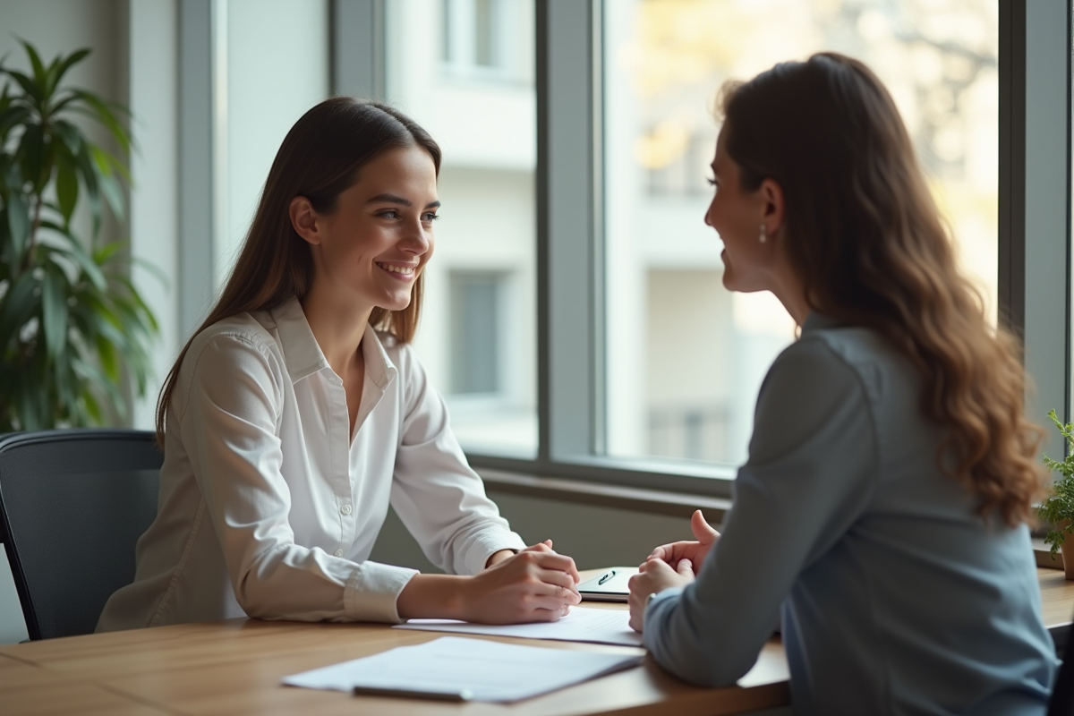 Jeune femme et assistante sociale discutant au bureau