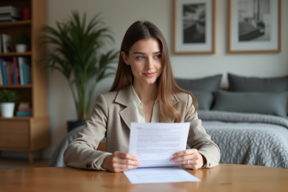Jeune femme en intérieur cosy examine un contrat de location