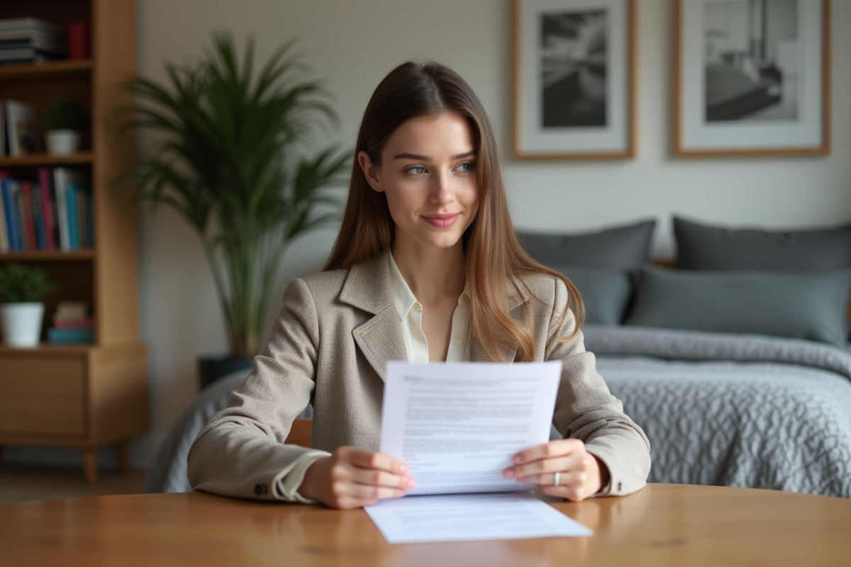 Jeune femme en intérieur cosy examine un contrat de location