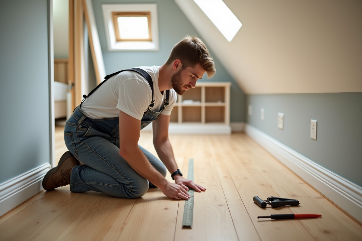Jeune homme posant du parquet dans un grenier fini