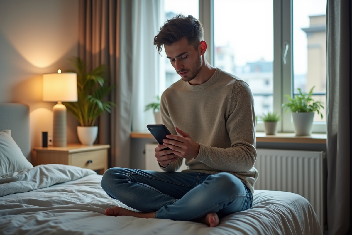 Jeune homme vérifiant son smartphone dans sa chambre