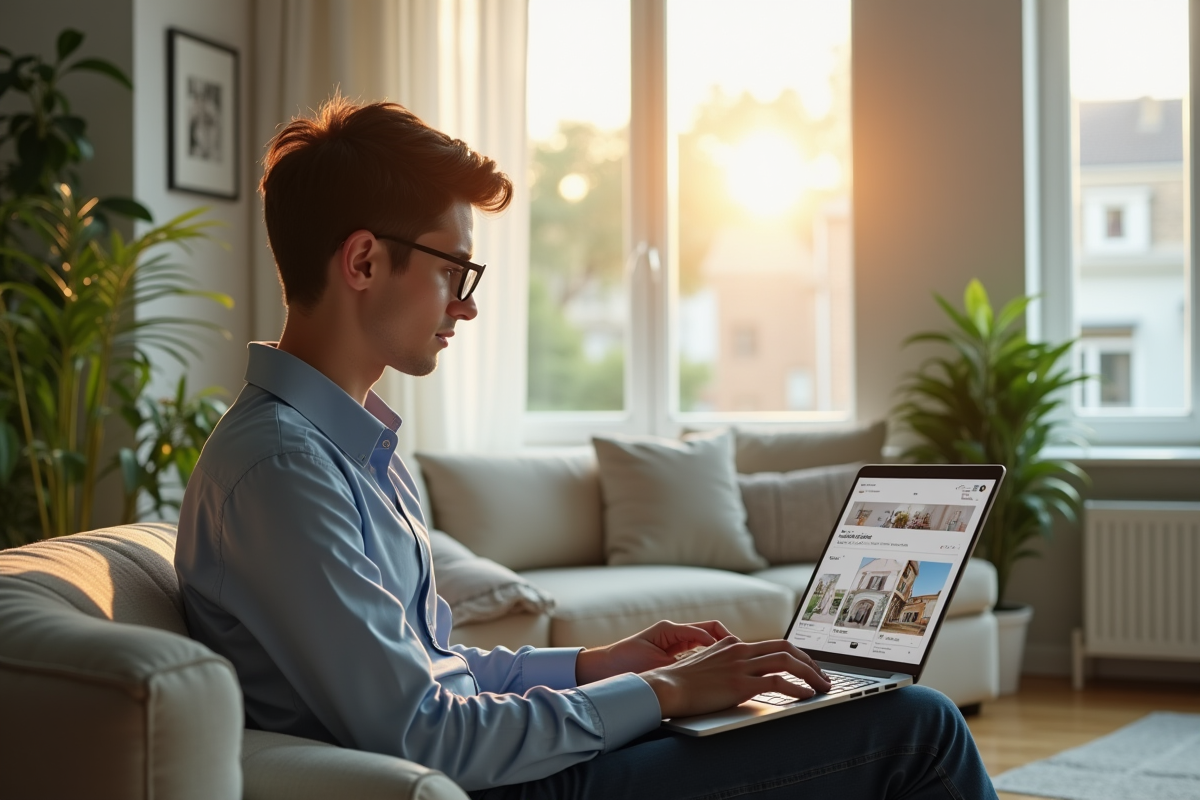 Jeune professionnel naviguant sur un ordinateur portable dans un appartement lumineux
