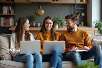 Trois jeunes adultes discutent dans un salon moderne