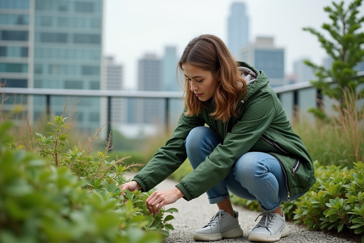 Jeune femme inspecte plantes dans un jardin sur le toit