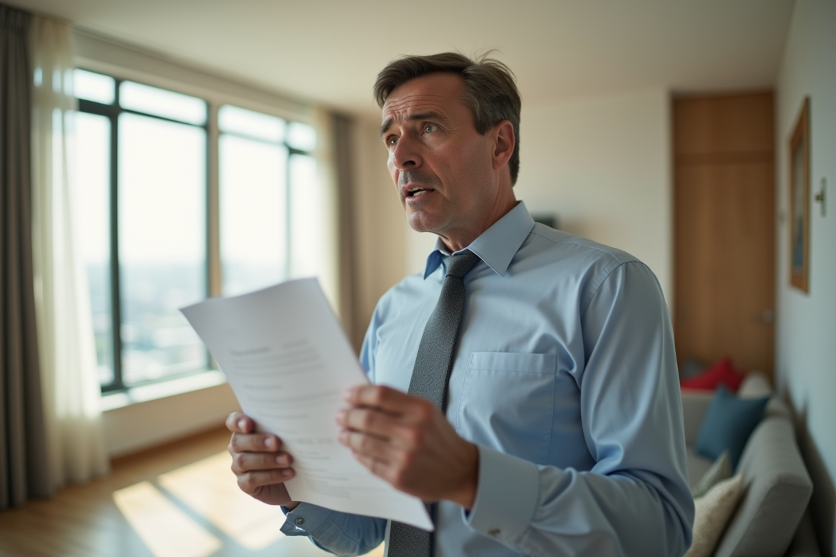 Locataire inquiet tenant un document officiel dans un appartement lumineux
