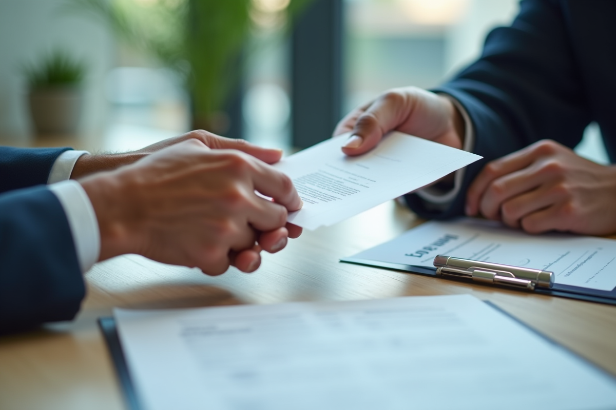 Mains échangeant un contrat signé et une enveloppe de paiement sur un bureau moderne