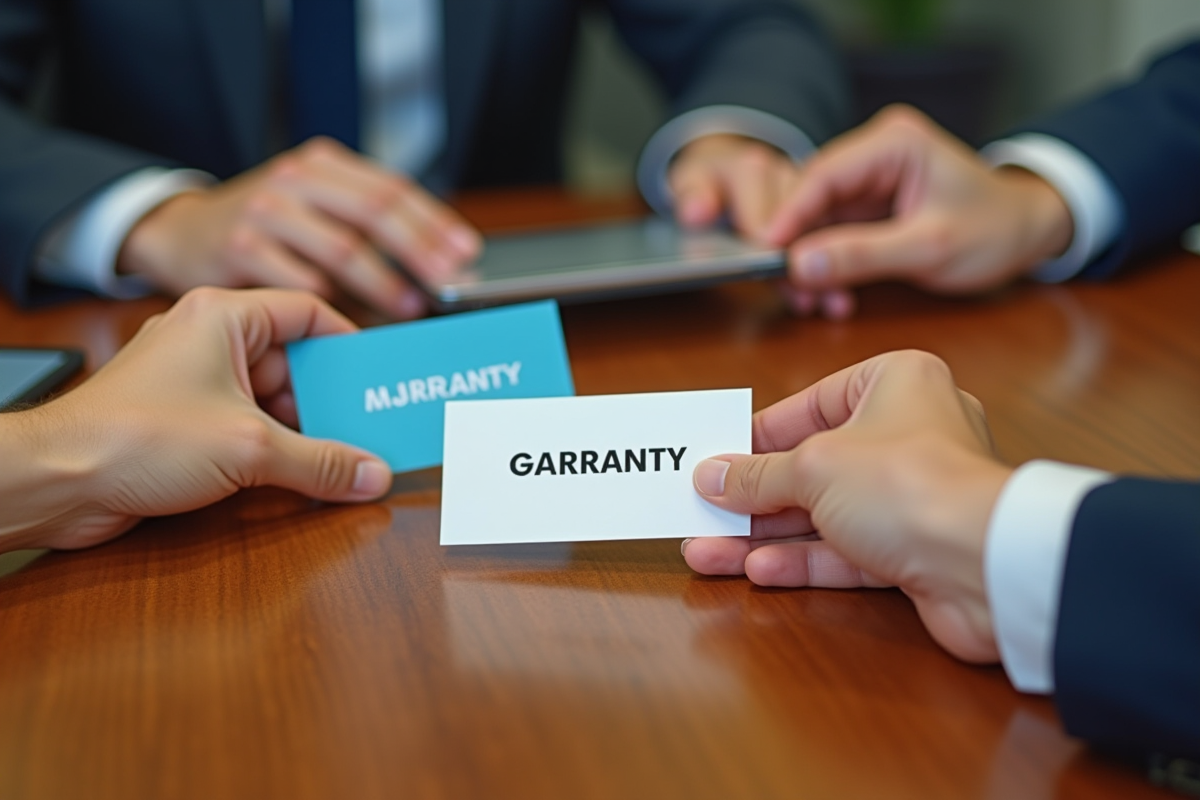 Trois mains tenant des cartes de garantie colorées sur un bureau