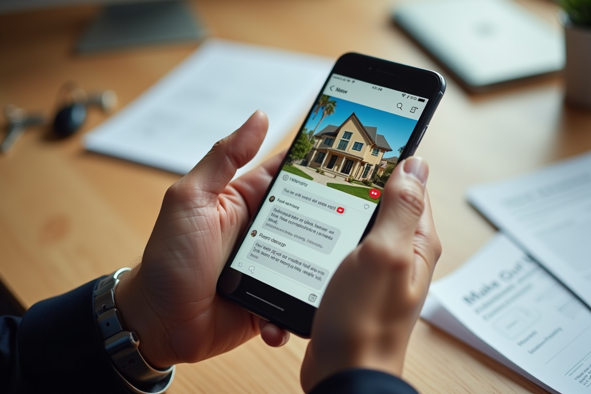 Mains tenant un smartphone affichant une conversation immobiliere