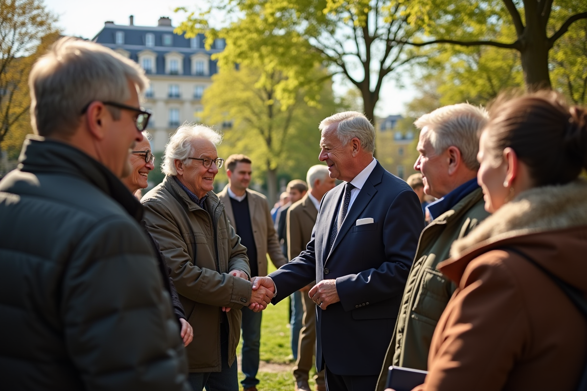 Le maire échange avec des habitants dans un parc parisien ensoleille