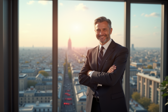 Le maire souriant dans son bureau avec vue sur Paris 16