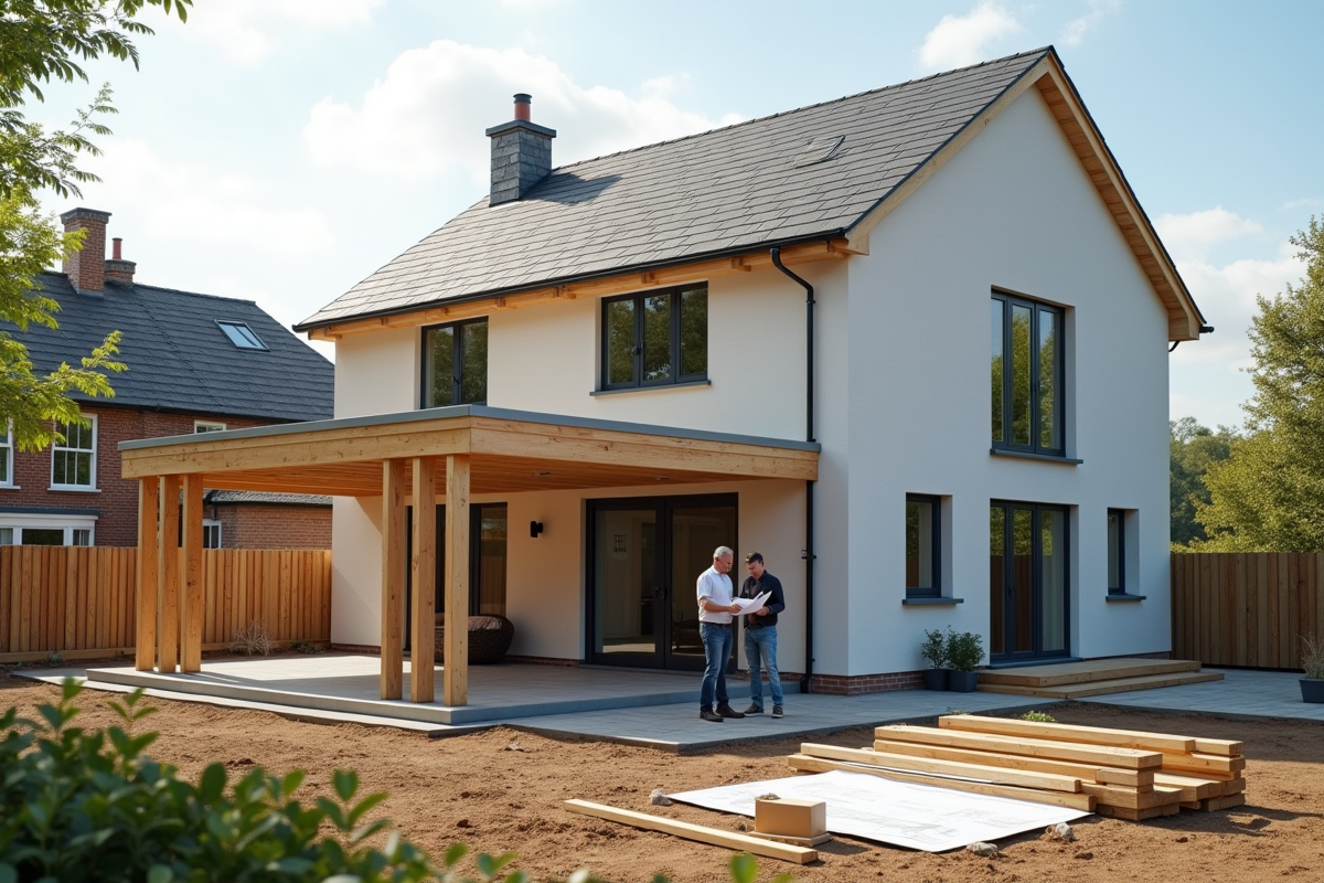 Extérieur d'une maison moderne avec extension en construction
