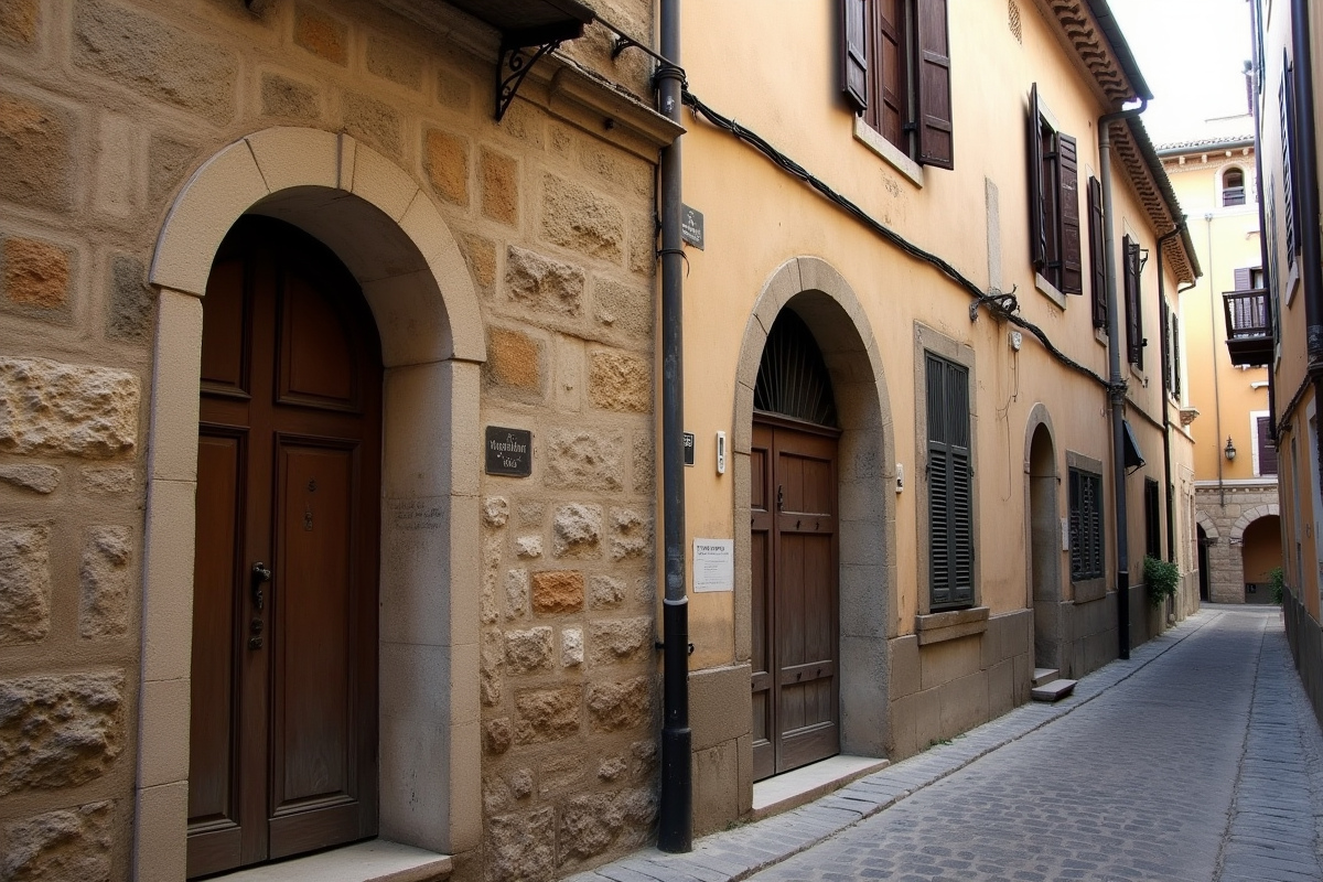 Ancienne maison en pierre avec volets en bois et rue pavée