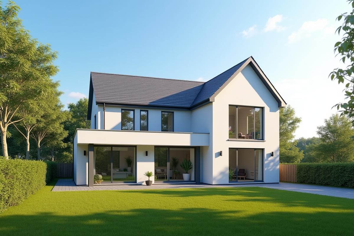 Maison individuelle moderne avec jardin bien entretenu et grandes fenêtres