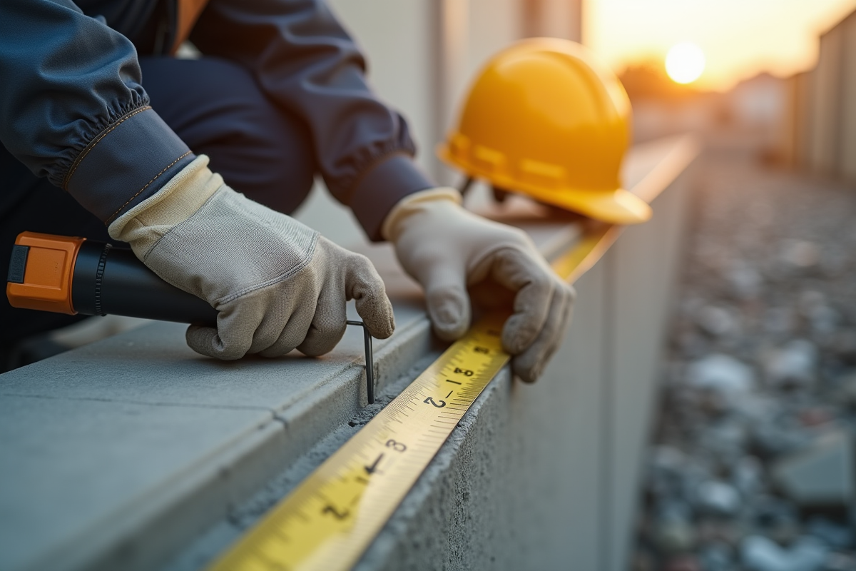 Ouvrier mesurant un mur en béton avec outils professionnels