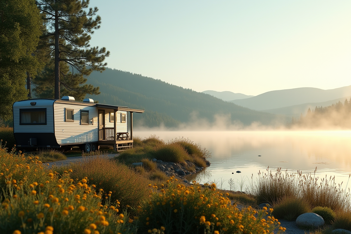 Mobilhome au bord du lac au matin avec reflets et nature