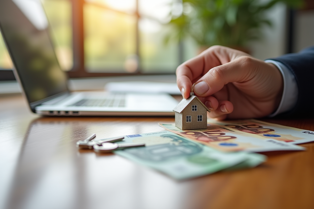 Main déposant des billets et clés de maison sur bureau