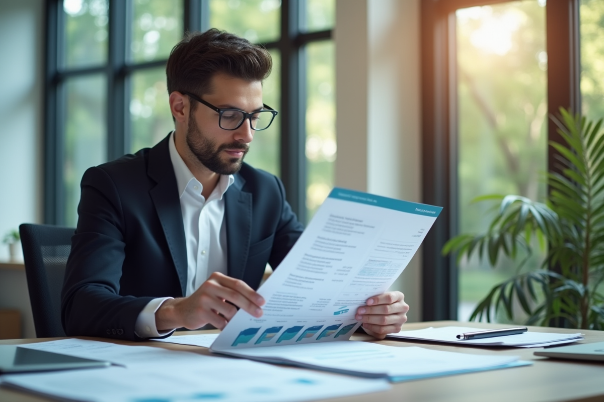 Professionnel confiant examinant documents financiers et certificat