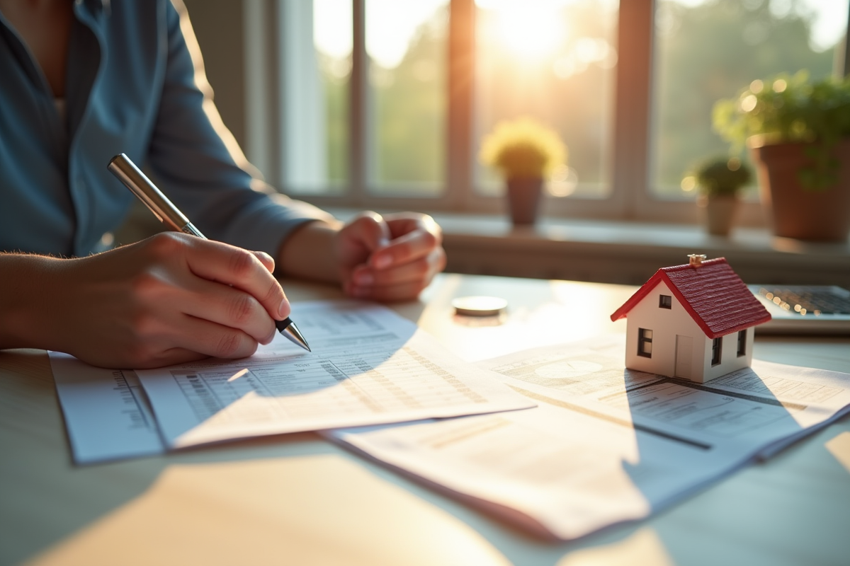 Personne examinant documents fiscaux et papiers immobiliers