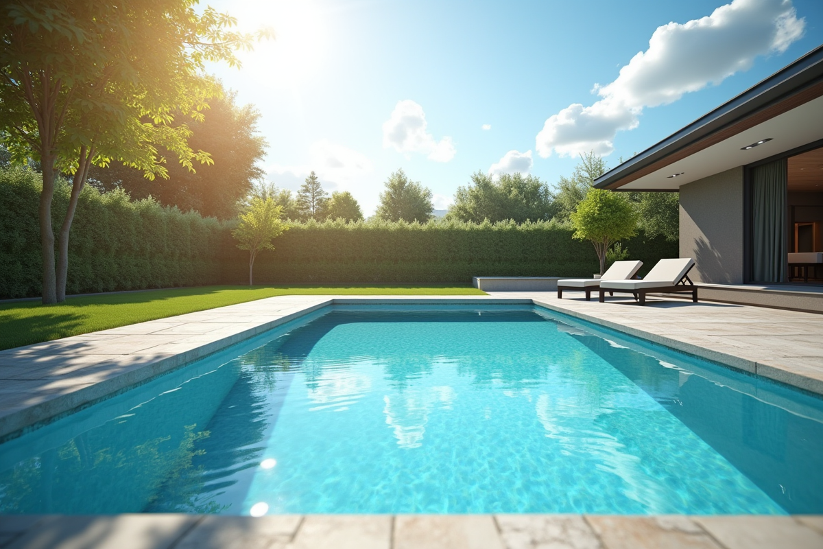 Piscine creusée moderne sous un ciel d'été ensoleillé