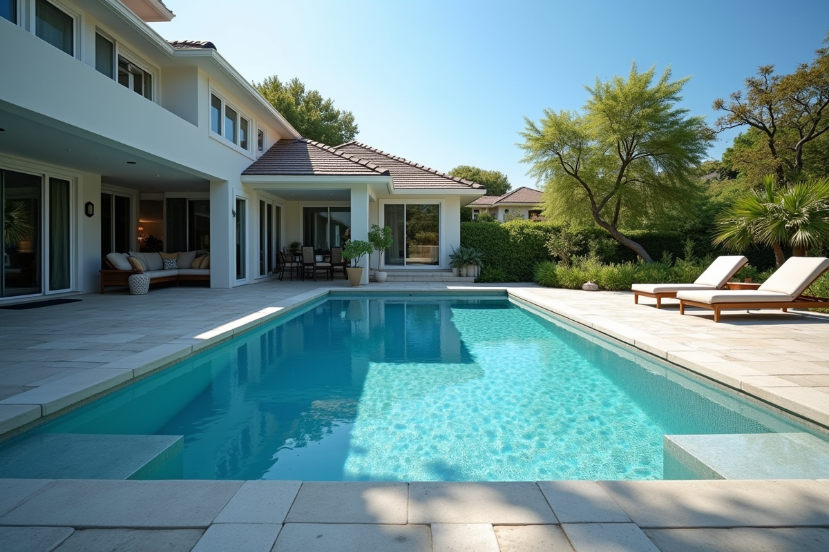 Piscine extérieure moderne avec deck en pierre et végétation