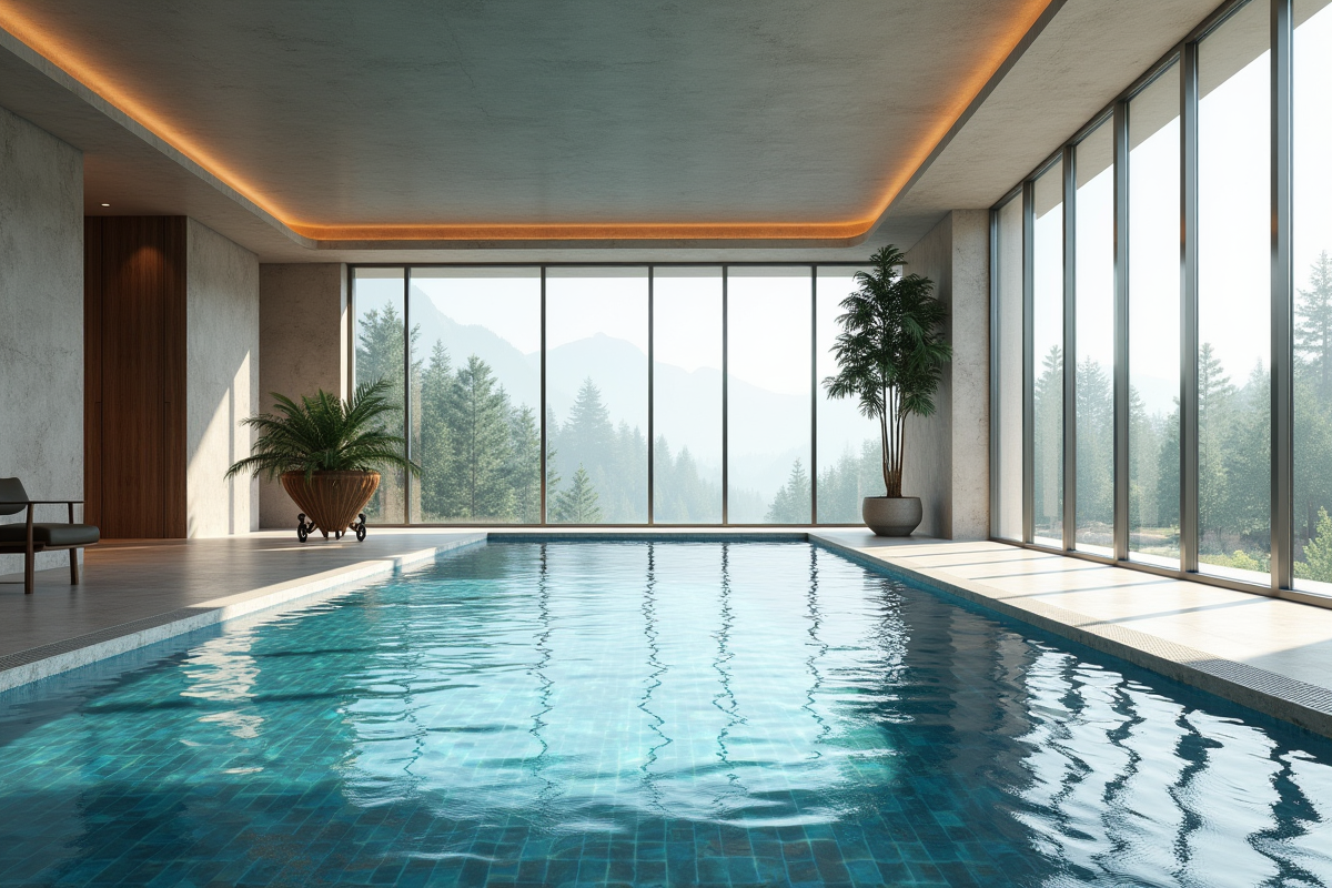Piscine intérieure avec grandes fenêtres et finitions durables