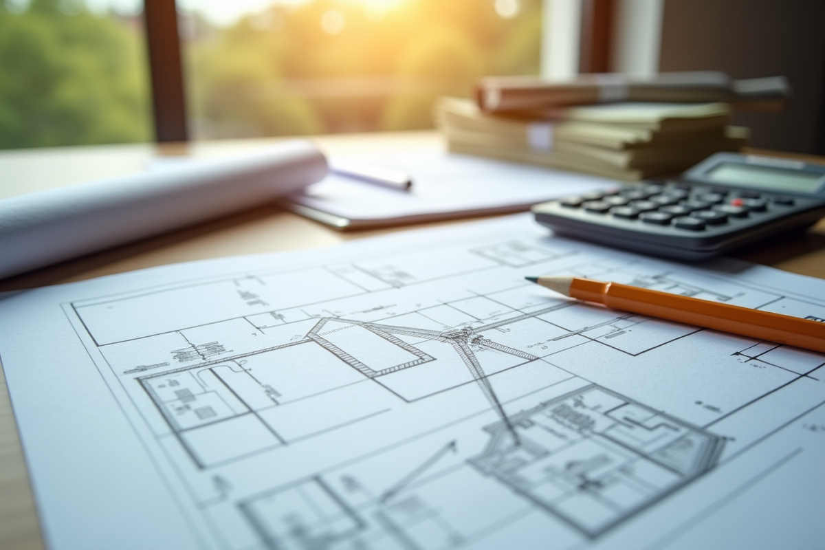 Plans de construction avec calculatrice et argent sur une table