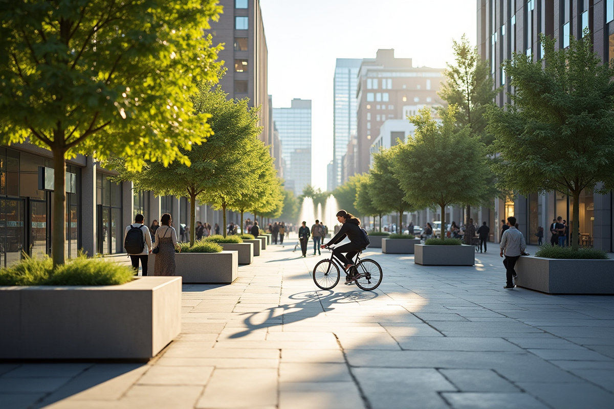 Place urbaine moderne avec piétons et cyclistes